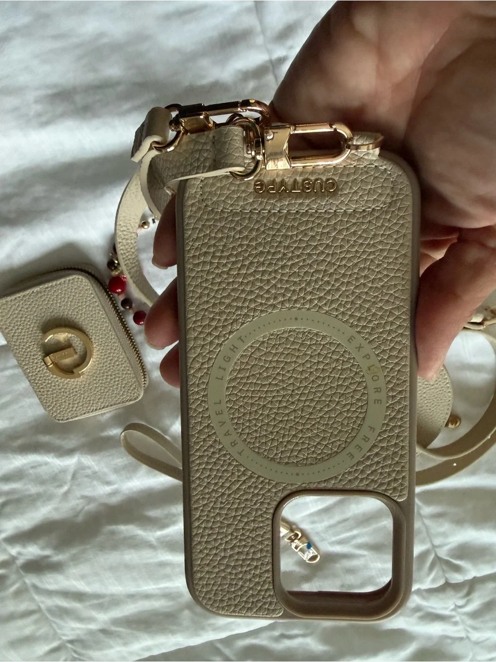 Beige Leather CUSTYPE Crossbody Bag with Coin Pouch and Strap BUNDLE